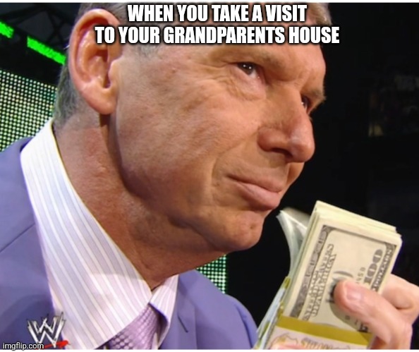 When you take a visit to your grandparents house | WHEN YOU TAKE A VISIT TO YOUR GRANDPARENTS HOUSE | image tagged in vinve mcmahon holding money | made w/ Imgflip meme maker