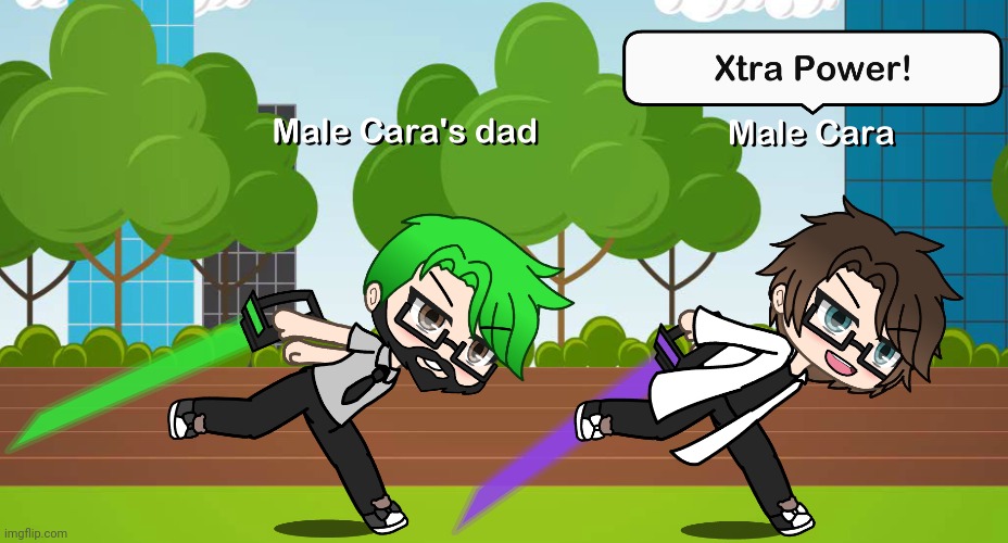Male Cara and his dad are against the Deikmanns! | image tagged in pop up school 2,pus2,x is for x,male cara,xtra power,father | made w/ Imgflip meme maker