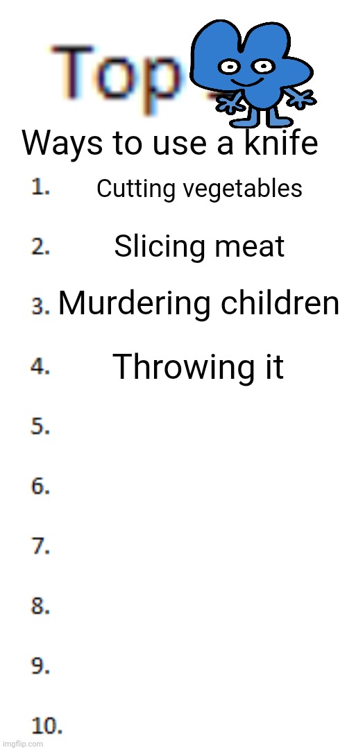 Top 4 | Ways to use a knife; Cutting vegetables; Slicing meat; Murdering children; Throwing it | image tagged in top 10 list | made w/ Imgflip meme maker