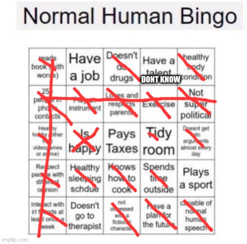 cool title here | DONT KNOW | image tagged in normal human bingo,trend | made w/ Imgflip meme maker