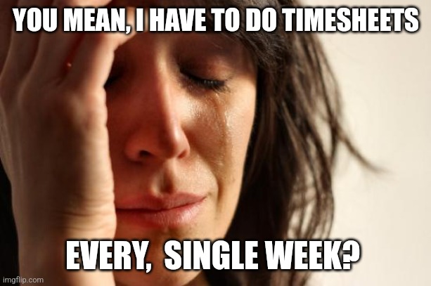 Crying woman timesheets | YOU MEAN, I HAVE TO DO TIMESHEETS; EVERY,  SINGLE WEEK? | image tagged in memes,first world problems,timesheets | made w/ Imgflip meme maker