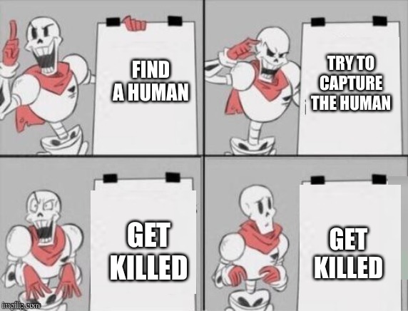Papyrus Plan | FIND A HUMAN; TRY TO CAPTURE THE HUMAN; GET KILLED; GET KILLED | image tagged in papyrus plan | made w/ Imgflip meme maker