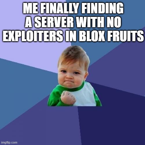 Success Kid | ME FINALLY FINDING A SERVER WITH NO EXPLOITERS IN BLOX FRUITS | image tagged in memes,success kid | made w/ Imgflip meme maker