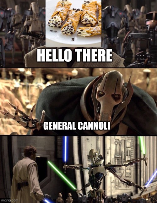 general cannoli | HELLO THERE; GENERAL CANNOLI | image tagged in general kenobi hello there | made w/ Imgflip meme maker