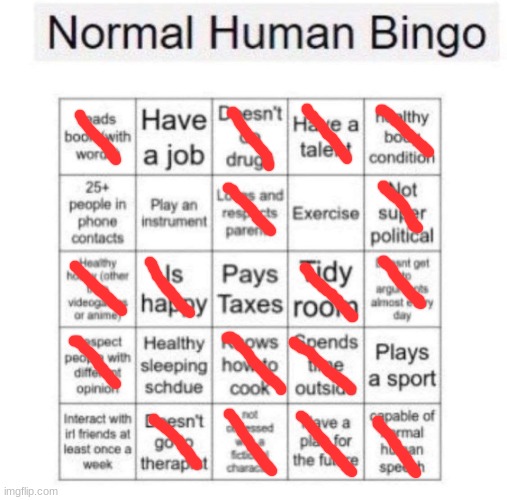 Normal human bingo | image tagged in normal human bingo | made w/ Imgflip meme maker