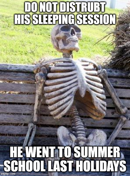 Waiting Skeleton | DO NOT DISTRUBT HIS SLEEPING SESSION; HE WENT TO SUMMER SCHOOL LAST HOLIDAYS | image tagged in memes,waiting skeleton | made w/ Imgflip meme maker