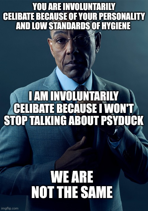 We are not the same | YOU ARE INVOLUNTARILY CELIBATE BECAUSE OF YOUR PERSONALITY AND LOW STANDARDS OF HYGIENE; I AM INVOLUNTARILY CELIBATE BECAUSE I WON'T STOP TALKING ABOUT PSYDUCK; WE ARE NOT THE SAME | image tagged in we are not the same | made w/ Imgflip meme maker