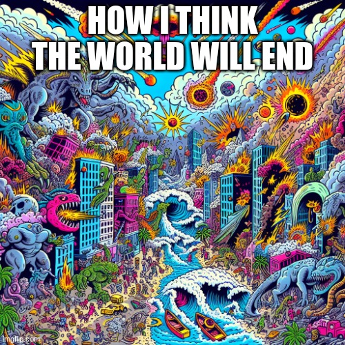 end of the world | HOW I THINK THE WORLD WILL END | image tagged in end of the world | made w/ Imgflip meme maker