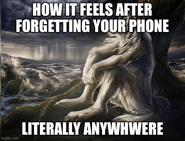Universal Feelimg | HOW IT FEELS AFTER FORGETTING YOUR PHONE; LITERALLY ANYWHERE | image tagged in melancholic werewolf | made w/ Imgflip meme maker