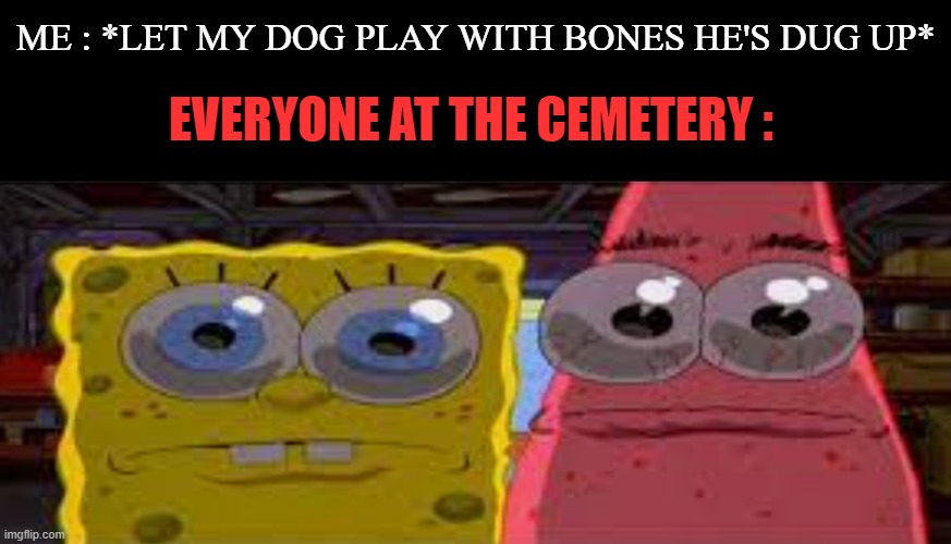 uh oh | ME : *LET MY DOG PLAY WITH BONES HE'S DUG UP*; EVERYONE AT THE CEMETERY : | image tagged in sobgih ans patbur | made w/ Imgflip meme maker