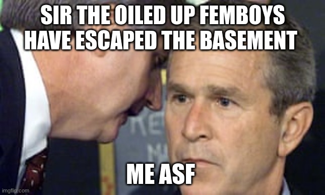 George Bush 9/11 | SIR THE OILED UP FEMBOYS HAVE ESCAPED THE BASEMENT; ME ASF | image tagged in george bush 9/11 | made w/ Imgflip meme maker