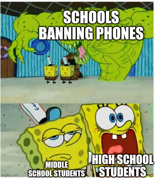 why? this is because middle schoolers just got their phones or either don't even have phones | SCHOOLS BANNING PHONES; HIGH SCHOOL STUDENTS; MIDDLE SCHOOL STUDENTS | image tagged in spongebob squarepants scared but also not scared,funny,fun,memes | made w/ Imgflip meme maker