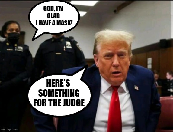 I'm Tired of this Crap | GOD, I'M GLAD
 I HAVE A MASK! HERE'S
 SOMETHING
 FOR THE JUDGE | image tagged in trump is guilty,vonshitzinpants,depends,tired of your crap,trump is a fraud,shitpost | made w/ Imgflip meme maker