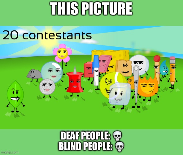 Bfdi with Roblox faces | THIS PICTURE; DEAF PEOPLE: 💀
BLIND PEOPLE: 💀 | image tagged in bfdi with roblox faces | made w/ Imgflip meme maker