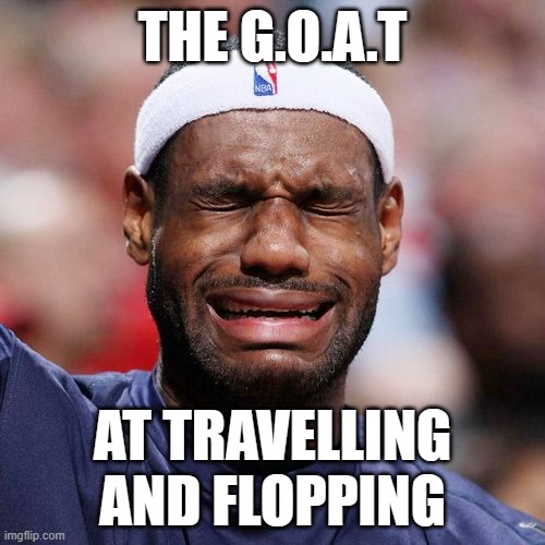 Lebron James Crying | THE G.O.A.T; AT TRAVELLING AND FLOPPING | image tagged in lebron james crying | made w/ Imgflip meme maker