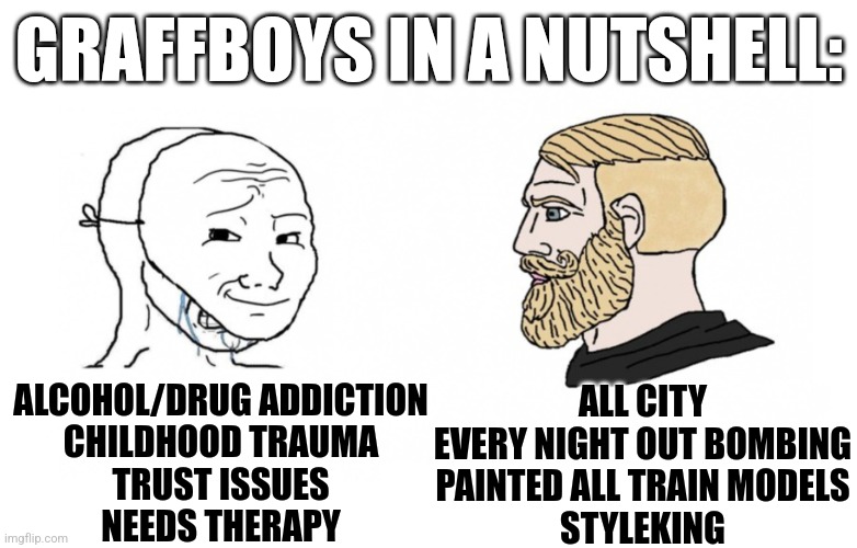 graffboys in a nutshell | GRAFFBOYS IN A NUTSHELL:; ALL CITY
EVERY NIGHT OUT BOMBING
PAINTED ALL TRAIN MODELS
STYLEKING; ALCOHOL/DRUG ADDICTION
CHILDHOOD TRAUMA
TRUST ISSUES
NEEDS THERAPY | image tagged in masked soyboy versus chad | made w/ Imgflip meme maker