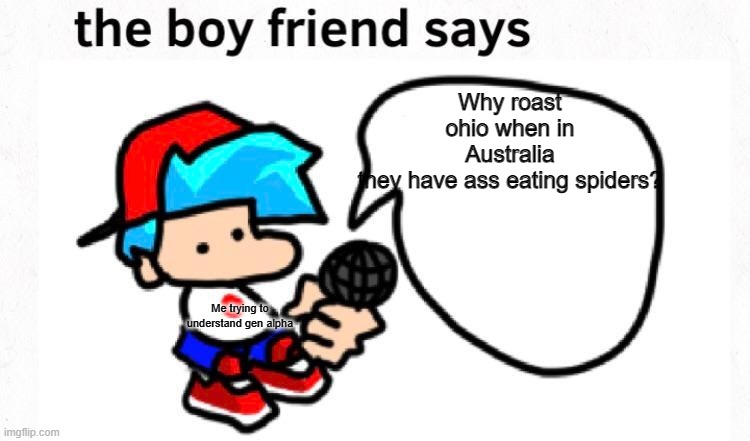 the boyfriend says | Why roast ohio when in Australia they have ass eating spiders? Me trying to understand gen alpha | image tagged in the boyfriend says | made w/ Imgflip meme maker