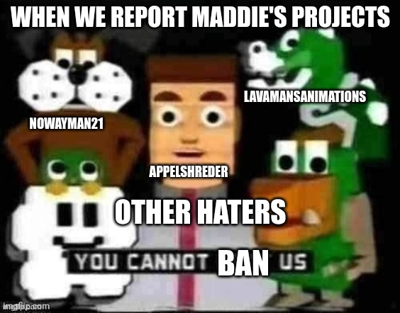 You cannot beat us | WHEN WE REPORT MADDIE'S PROJECTS; LAVAMANSANIMATIONS; NOWAYMAN21; APPELSHREDER; OTHER HATERS; BAN | image tagged in you cannot beat us | made w/ Imgflip meme maker