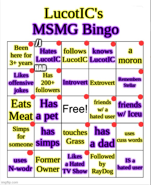 LucotIC's MS_Memer_Group Bingo | /J; HAD | image tagged in lucotic's ms_memer_group bingo | made w/ Imgflip meme maker