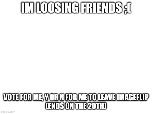 IM LOOSING FRIENDS ;(; VOTE FOR ME, Y OR N FOR ME TO LEAVE IMAGEFLIP
(ENDS ON THE 20TH) | made w/ Imgflip meme maker