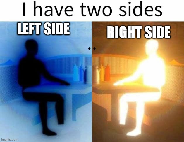 I have two sides | LEFT SIDE; RIGHT SIDE | image tagged in i have two sides | made w/ Imgflip meme maker