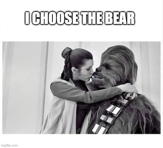 Chewbacca bear | I CHOOSE THE BEAR | image tagged in chewbacca lea kissing,bear | made w/ Imgflip meme maker