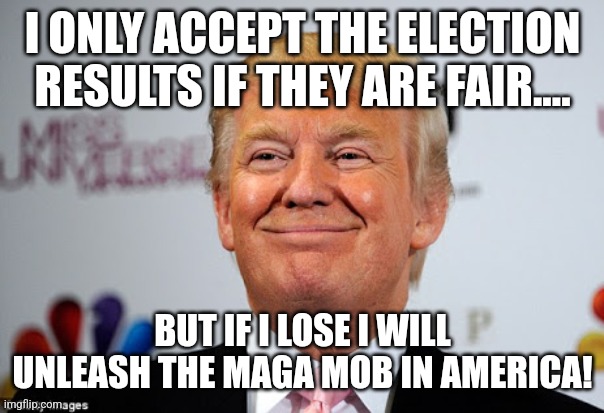 Cheating Donny | I ONLY ACCEPT THE ELECTION RESULTS IF THEY ARE FAIR.... BUT IF I LOSE I WILL UNLEASH THE MAGA MOB IN AMERICA! | image tagged in conservative,republican,democrat,trump,maga,nevertrump | made w/ Imgflip meme maker