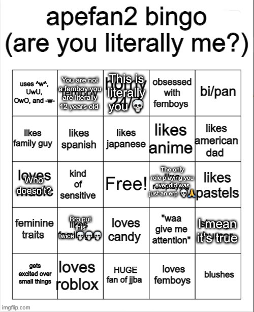 apefan2 bingo | This is literally you 💀; You are not a femboy you are literally 12 years old; Who doesn’t? The only role playing you ever did was just an erp 💀🙏; Bro put this twice 💀💀💀; I mean it’s true | image tagged in apefan2 bingo | made w/ Imgflip meme maker