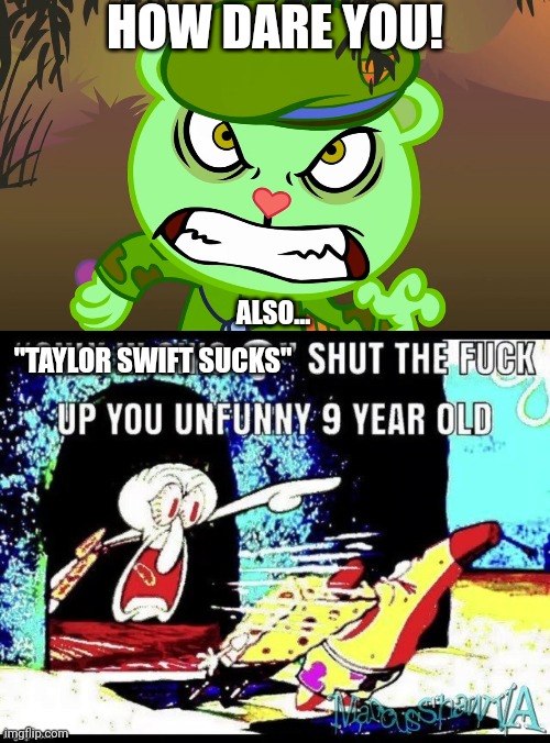 HOW DARE YOU! ALSO... "TAYLOR SWIFT SUCKS" | image tagged in evil side htf,only in ohio stfu you unfunny 9 year old | made w/ Imgflip meme maker