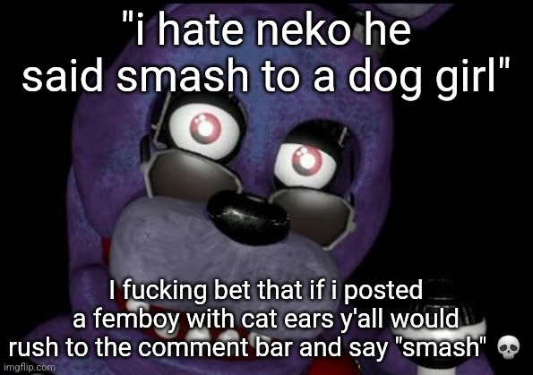 goofster 2 | "i hate neko he said smash to a dog girl"; I fucking bet that if i posted a femboy with cat ears y'all would rush to the comment bar and say "smash" 💀 | image tagged in goofster 2 | made w/ Imgflip meme maker