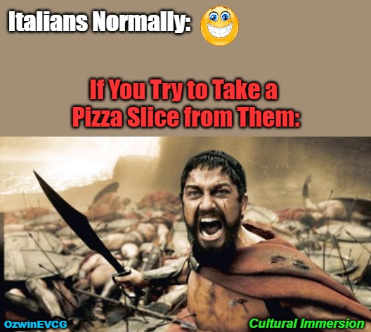 Cultural Immersion | Italians Normally:; If You Try to Take a 

Pizza Slice from Them:; Cultural Immersion; OzwinEVCG | image tagged in memes,sparta leonidas,italian,funny,culture,food | made w/ Imgflip meme maker