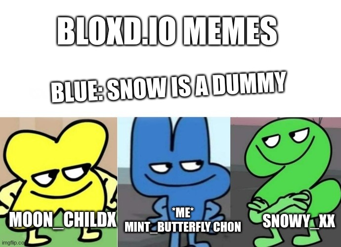 BFB Smug | BLOXD.IO MEMES; BLUE: SNOW IS A DUMMY; *ME* MINT_BUTTERFLY CH0N; SNOWY_XX; MOON_CHILDX | image tagged in bfb smug | made w/ Imgflip meme maker