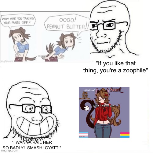 @Unpopular memer | "If you like that thing, you're a zoophile"; "I WANNA RAIL HER SO BADLY!  SMASH! GYATT!" | image tagged in so true wojak | made w/ Imgflip meme maker