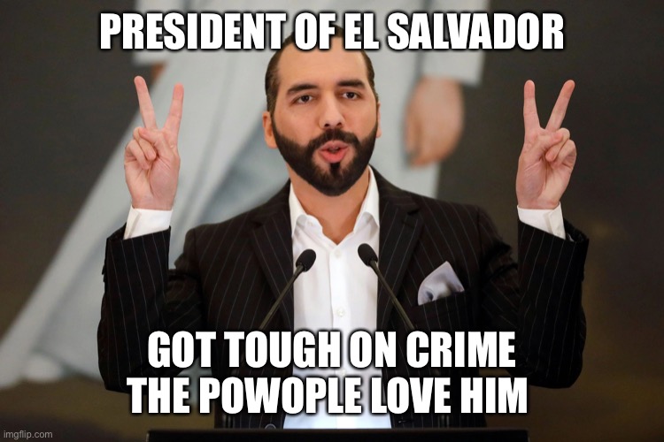 El Salvador President Nayib Bukele | PRESIDENT OF EL SALVADOR GOT TOUGH ON CRIME
THE POWOPLE LOVE HIM | image tagged in el salvador president nayib bukele | made w/ Imgflip meme maker