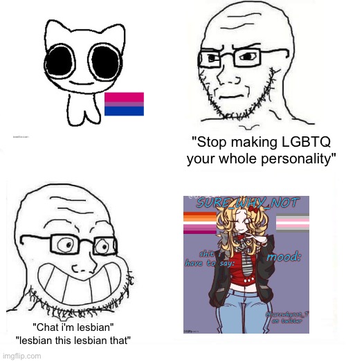 So True Wojak | "Stop making LGBTQ your whole personality"; "Chat i'm lesbian" "lesbian this lesbian that" | image tagged in so true wojak | made w/ Imgflip meme maker