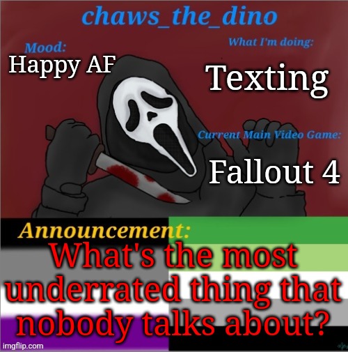 Underrated things? | Texting; Happy AF; Fallout 4; What's the most underrated thing that nobody talks about? | image tagged in chaws_the_dino announcement temp,never forget | made w/ Imgflip meme maker