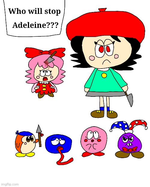 Adeleine becomes a killer and kills Ribbon | image tagged in kirby,parody,funny,cute,death,fanart | made w/ Imgflip meme maker