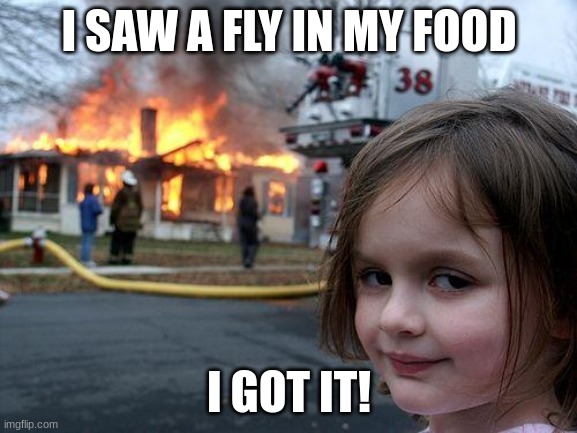 Disaster Girl | I SAW A FLY IN MY FOOD; I GOT IT! | image tagged in memes,disaster girl | made w/ Imgflip meme maker