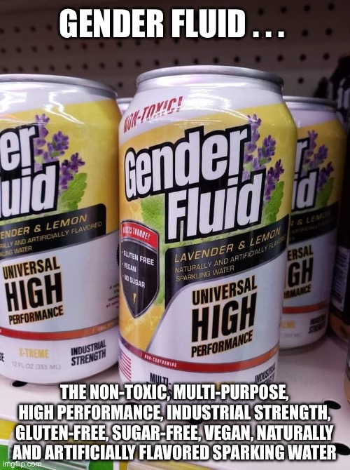 Gender fluid sparking water | GENDER FLUID . . . THE NON-TOXIC, MULTI-PURPOSE, HIGH PERFORMANCE, INDUSTRIAL STRENGTH, GLUTEN-FREE, SUGAR-FREE, VEGAN, NATURALLY AND ARTIFICIALLY FLAVORED SPARKING WATER | image tagged in lgbtq,genderfluid,water,sparkling water | made w/ Imgflip meme maker