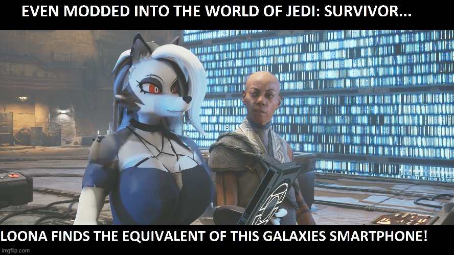 Loona still finds a way to get a smartphone no matter what: Jedi Survivor Edition | image tagged in loona,helluva boss,jedi survivor,modded,mods,imp | made w/ Imgflip meme maker
