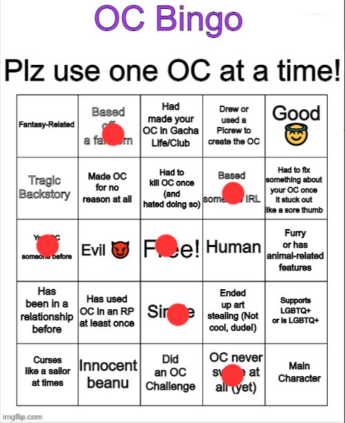 Of all the bingoes, never thought this would be the one I can't get a bingo on | image tagged in oc bingo | made w/ Imgflip meme maker