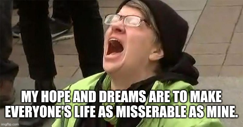 crying liberal | MY HOPE AND DREAMS ARE TO MAKE EVERYONE'S LIFE AS MISSERABLE AS MINE. | image tagged in crying liberal | made w/ Imgflip meme maker
