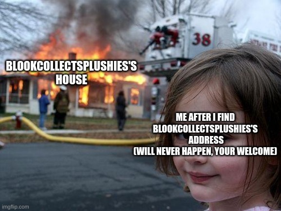 Disaster Girl Meme | BLOOKCOLLECTSPLUSHIES'S
HOUSE ME AFTER I FIND BLOOKCOLLECTSPLUSHIES'S
 ADDRESS
(WILL NEVER HAPPEN, YOUR WELCOME) | image tagged in memes,disaster girl | made w/ Imgflip meme maker