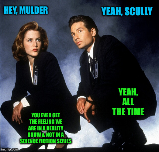 Cue The X Files Intro Theme | HEY, MULDER; YEAH, SCULLY; YEAH, ALL THE TIME; YOU EVER GET THE FEELING WE ARE IN A REALITY SHOW & NOT IN A SCIENCE FICTION SERIES | image tagged in x-files,funny memes,funny,political meme,politics | made w/ Imgflip meme maker