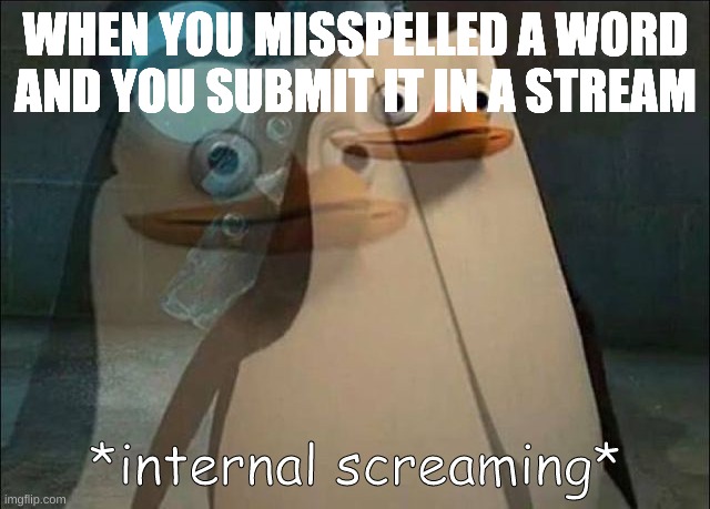 Private Internal Screaming | WHEN YOU MISSPELLED A WORD AND YOU SUBMIT IT IN A STREAM | image tagged in private internal screaming | made w/ Imgflip meme maker