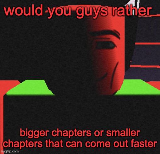 Guh | would you guys rather; bigger chapters or smaller chapters that can come out faster | image tagged in guh | made w/ Imgflip meme maker