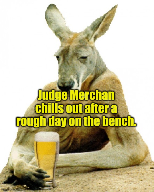 Happy Hour for Just Us | Judge Merchan chills out after a rough day on the bench. | image tagged in kangaroo in a bar | made w/ Imgflip meme maker