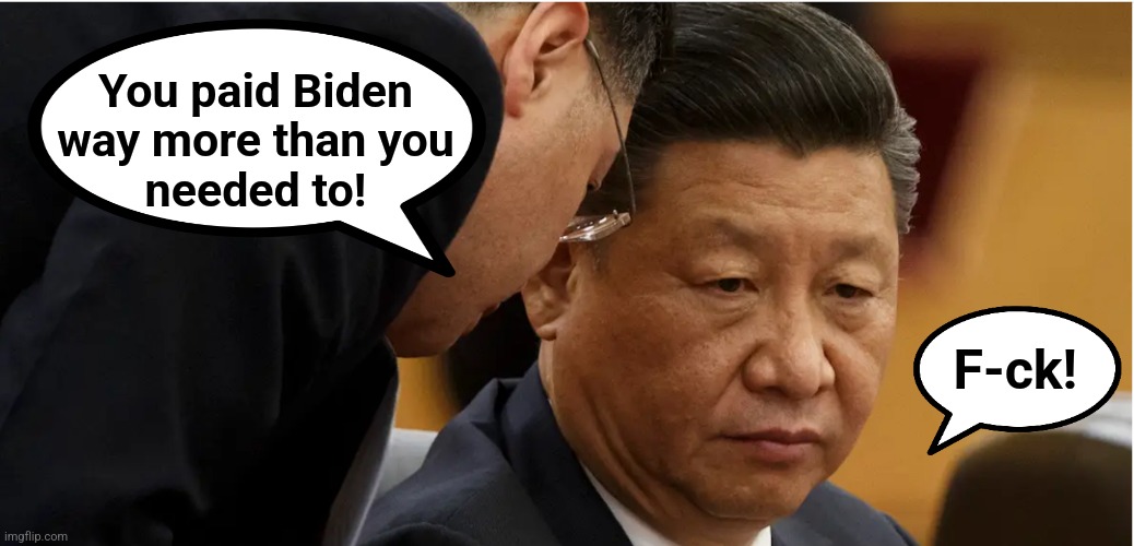 Chinese President Xi Jinping | You paid Biden
way more than you
needed to! F-ck! | image tagged in chinese president xi jinping | made w/ Imgflip meme maker