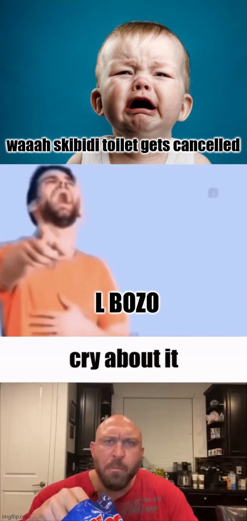i hope skibidi freaking dies in 2025 | waaah skibidi toilet gets cancelled; L BOZO | image tagged in baby crying,laughing and pointing,cry about it | made w/ Imgflip meme maker