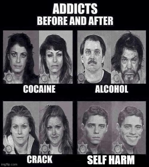 Addicts before and after | SELF HARM | image tagged in addicts before and after | made w/ Imgflip meme maker